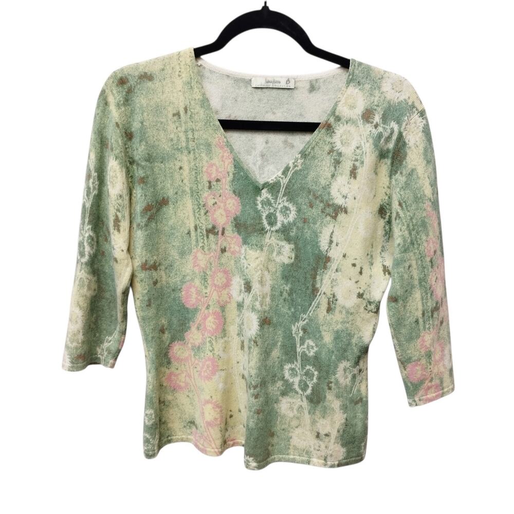 Neiman Marcus Womens Floral Cashmere V Neck Sweater XS 3/4 Sleeve Artsy Luxe